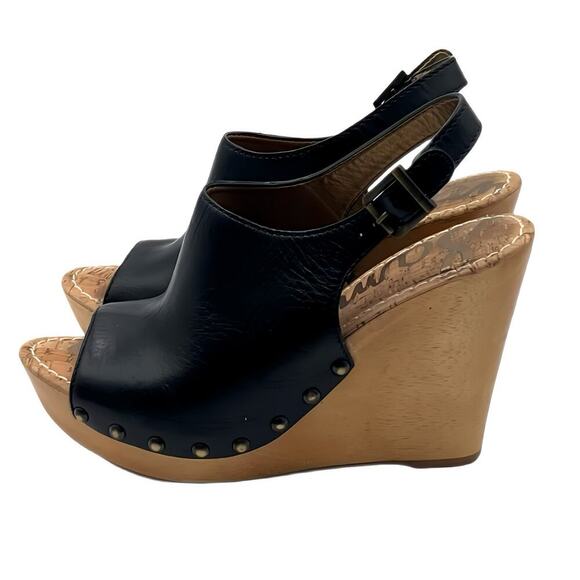 SAM EDELMAN Camilla Black Leather Studded Slingback  Wood Wedge Platform Sz 10 - Picture 7 of 10